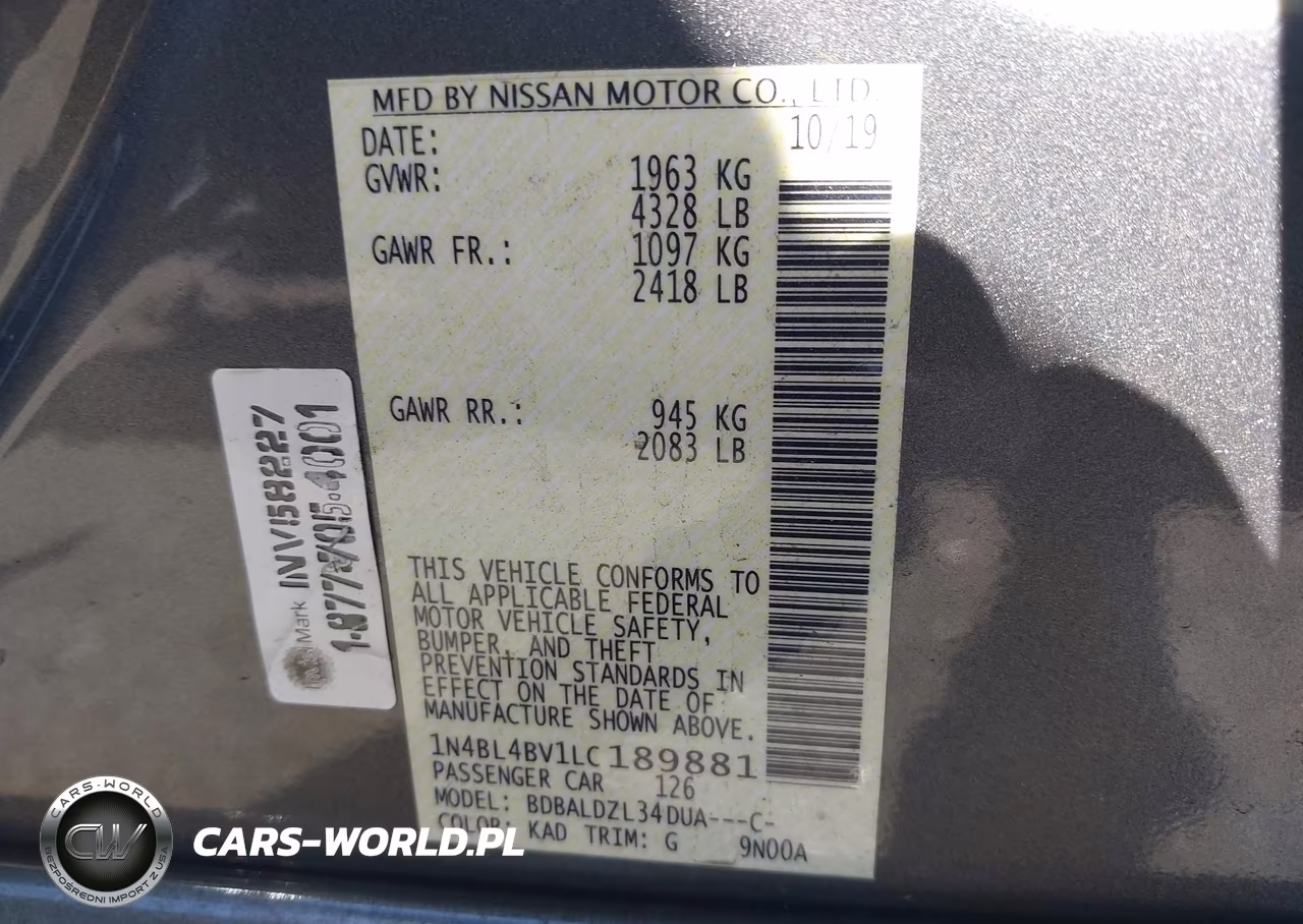 2020 Nissan Altima S Fwd VIN:1N4BL4BV1LC189881 - 9