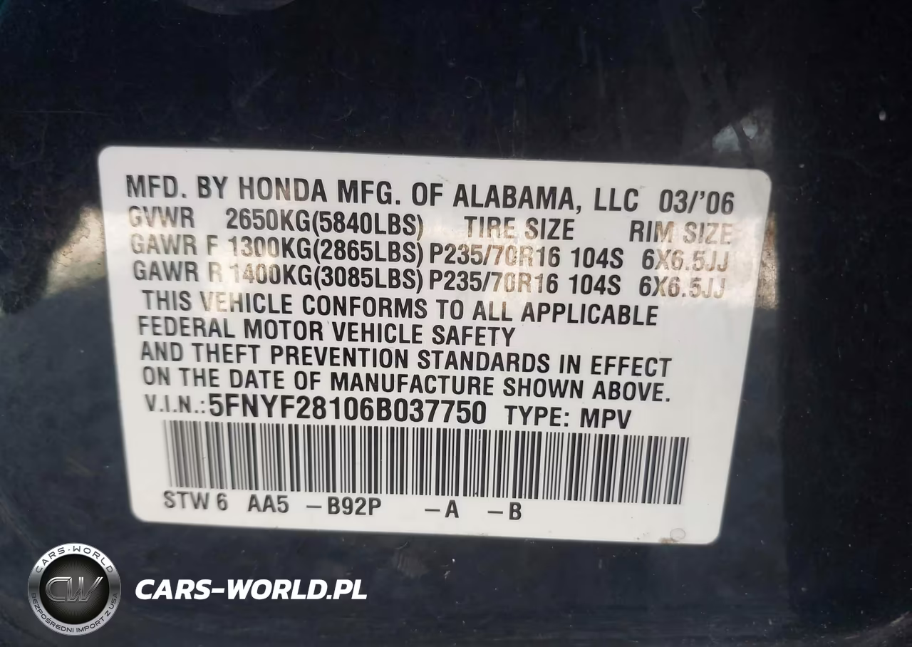 2006 Honda Pilot Lx VIN:5FNYF28106B037750 - 9