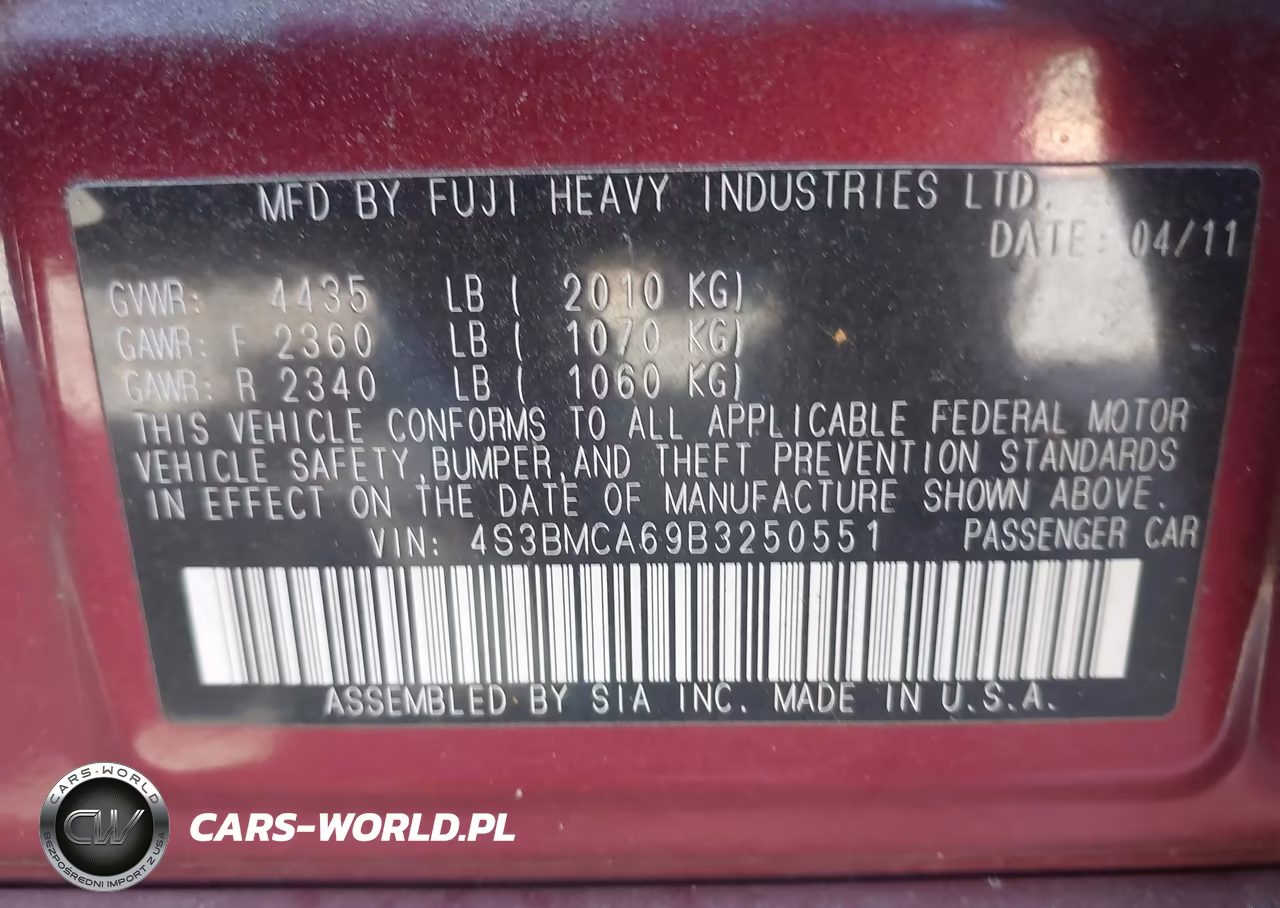 2011 Subaru Legacy 2.5I VIN:4S3BMCA69B3250551 - 9
