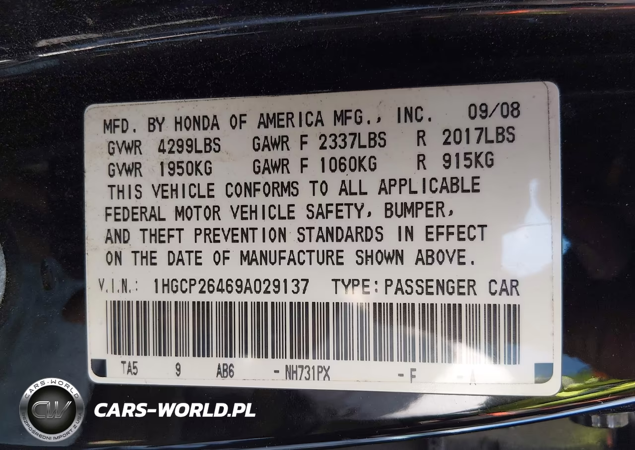 2009 Honda Accord 2.4 Lx-P VIN:1HGCP26469A029137 - 9