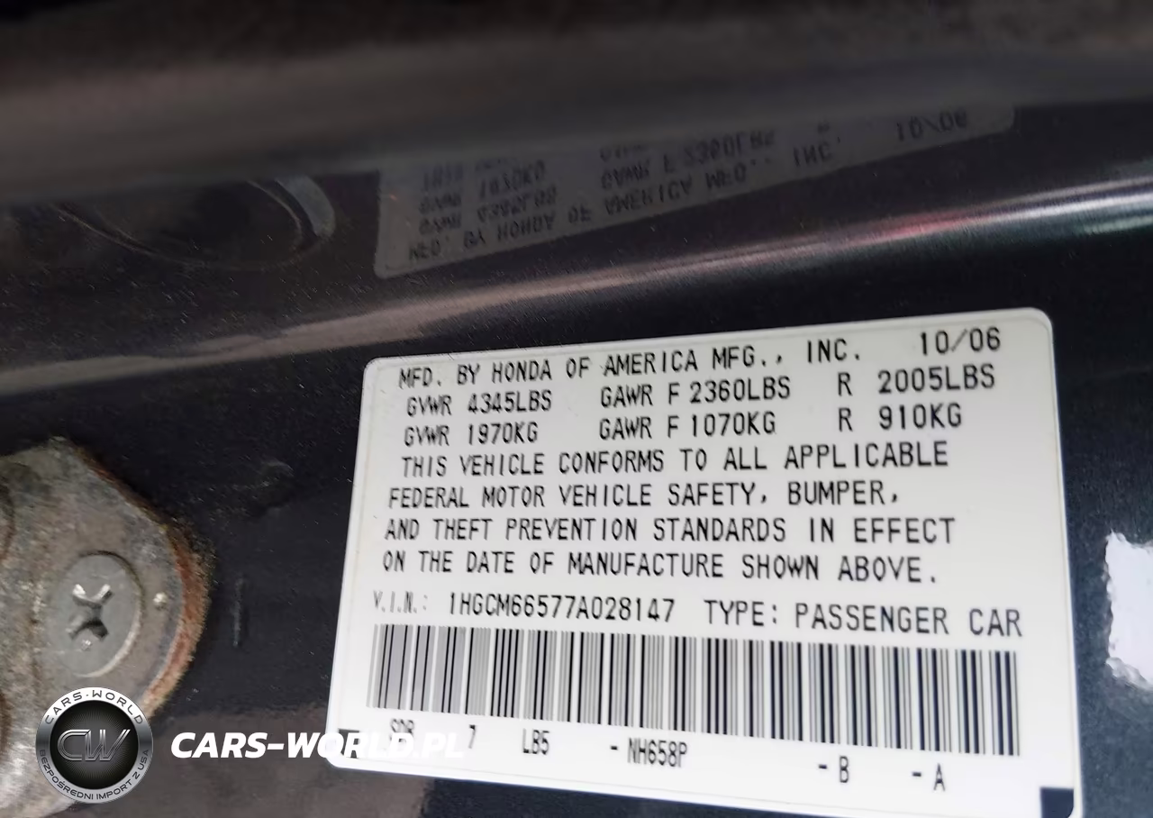 2007 Honda Accord 3.0 Ex VIN:1HGCM66577A028147 - 9