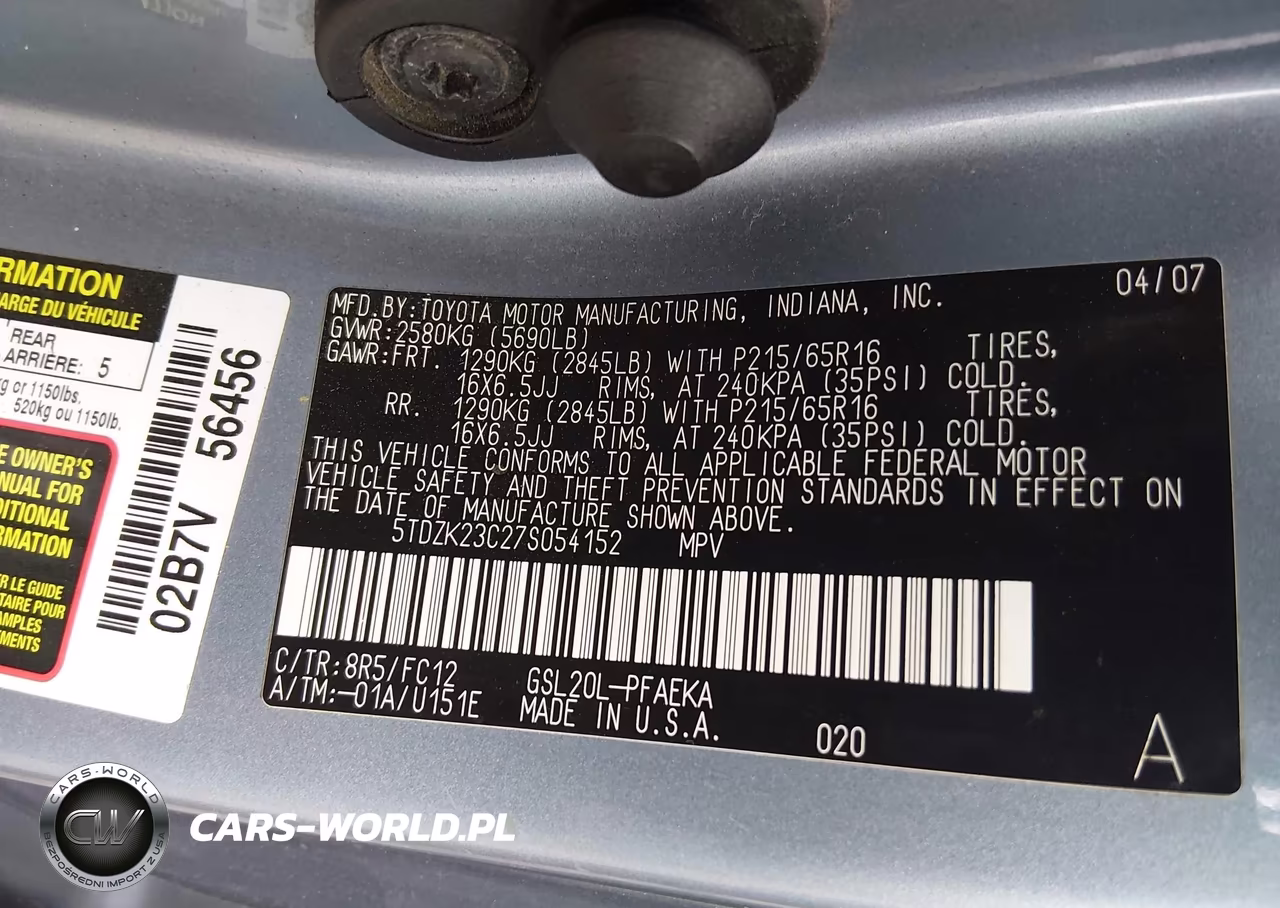 2007 Toyota Sienna Le VIN:5TDZK23C27S054152 - 9