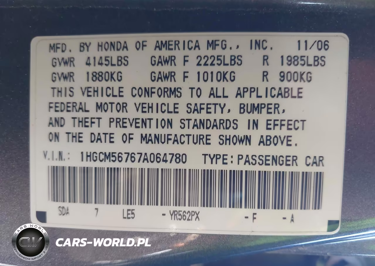 2007 Honda Accord 2.4 Ex VIN:1HGCM56767A064780 - 9