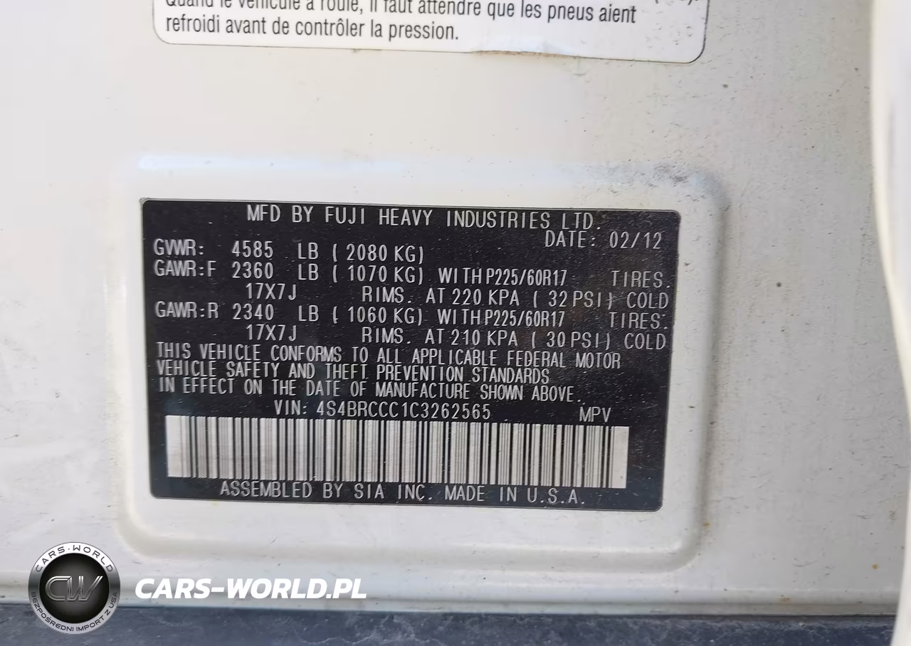 2012 Subaru Outback 2.5I Premium VIN:4S4BRCCC1C3262565 - 9