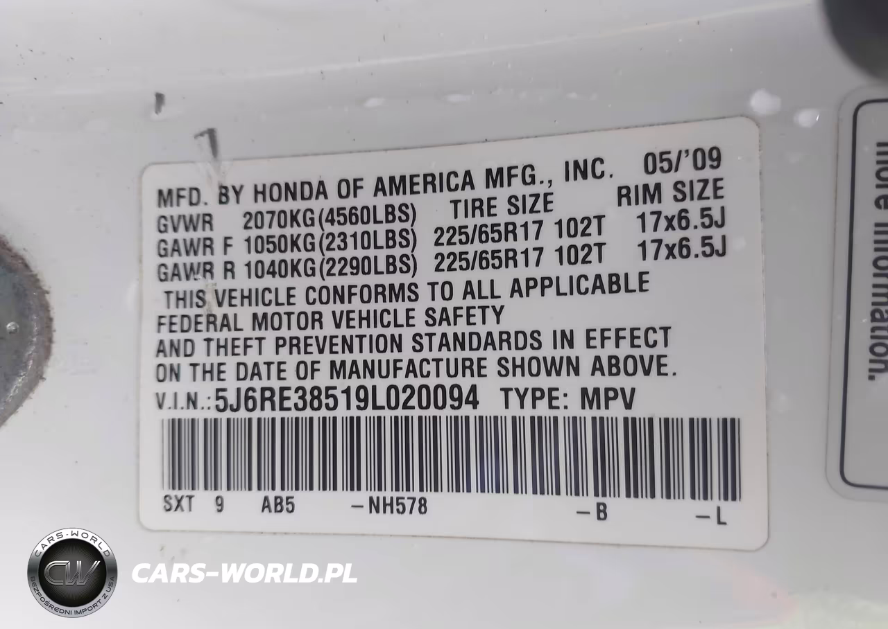 2009 Honda Cr-V Ex VIN:5J6RE38519L020094 - 9