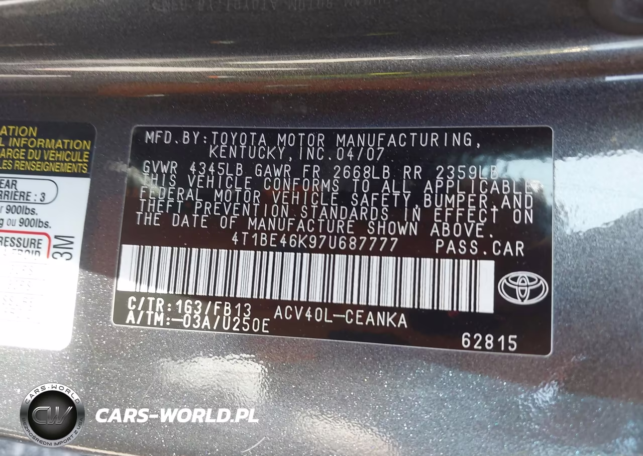 2007 Toyota Camry Le VIN:4T1BE46K97U687777 - 9