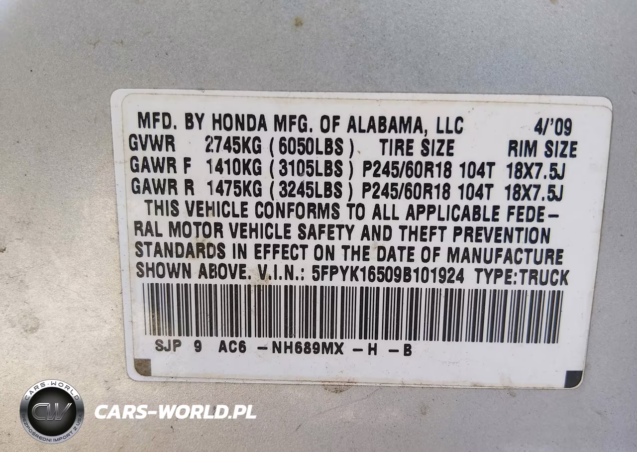 2009 Honda Ridgeline Rtl VIN:5FPYK16509B101924 - 9