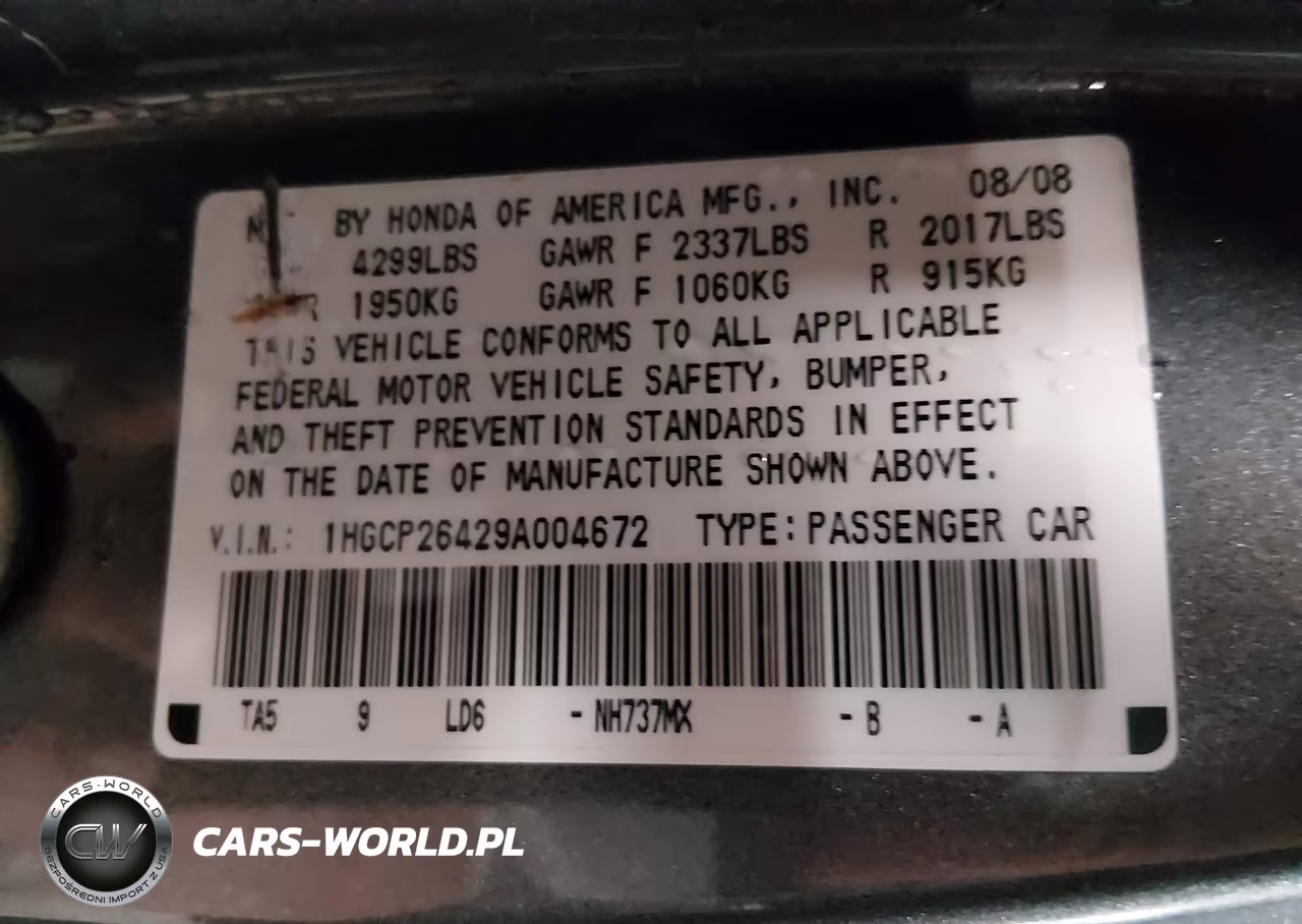 2009 Honda Accord Sdn Lx-P VIN:1HGCP26429A004672 - 9