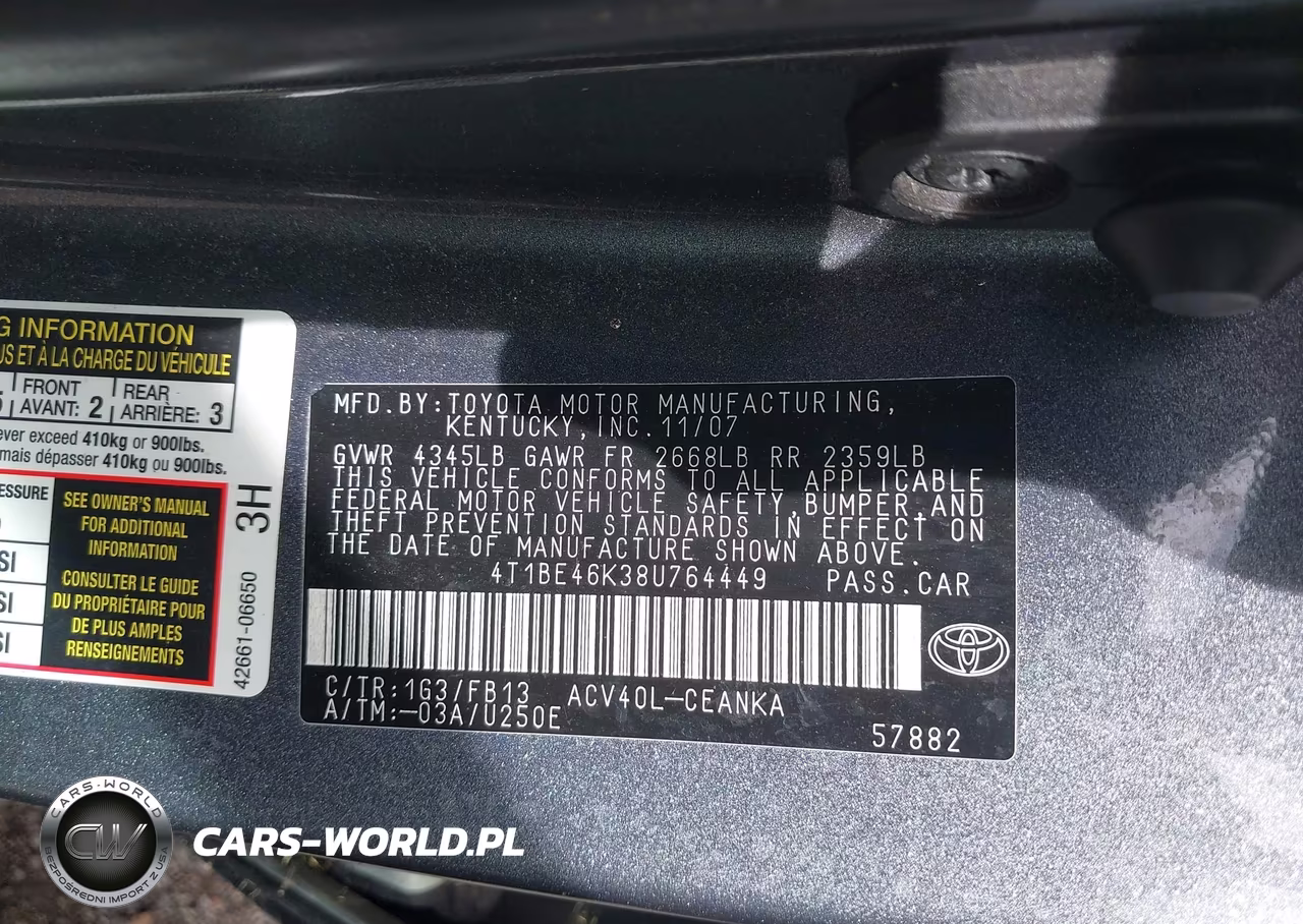 2008 Toyota Camry Le VIN:4T1BE46K38U764449 - 9