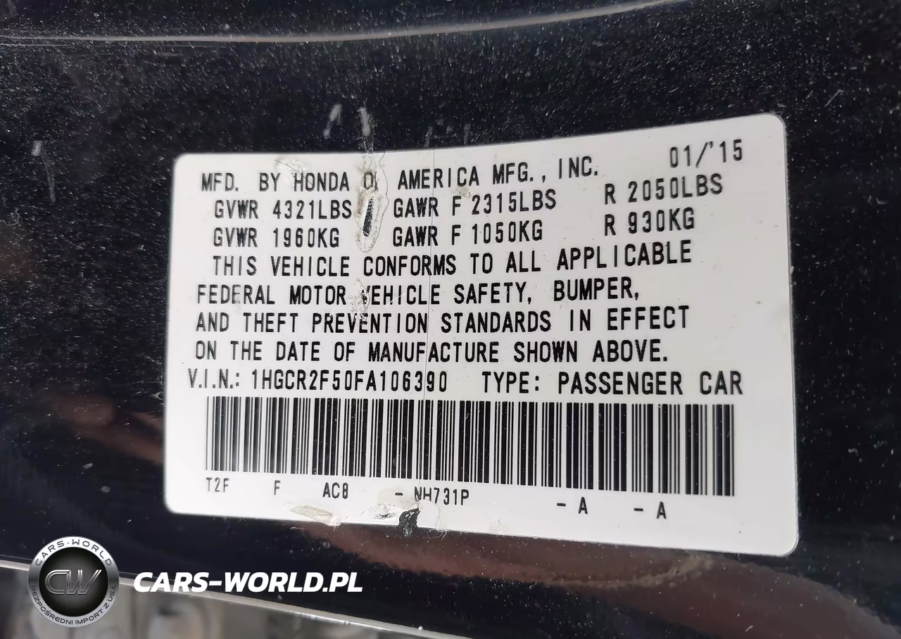 2015 Honda Accord Sport VIN:1HGCR2F50FA106390 - 9