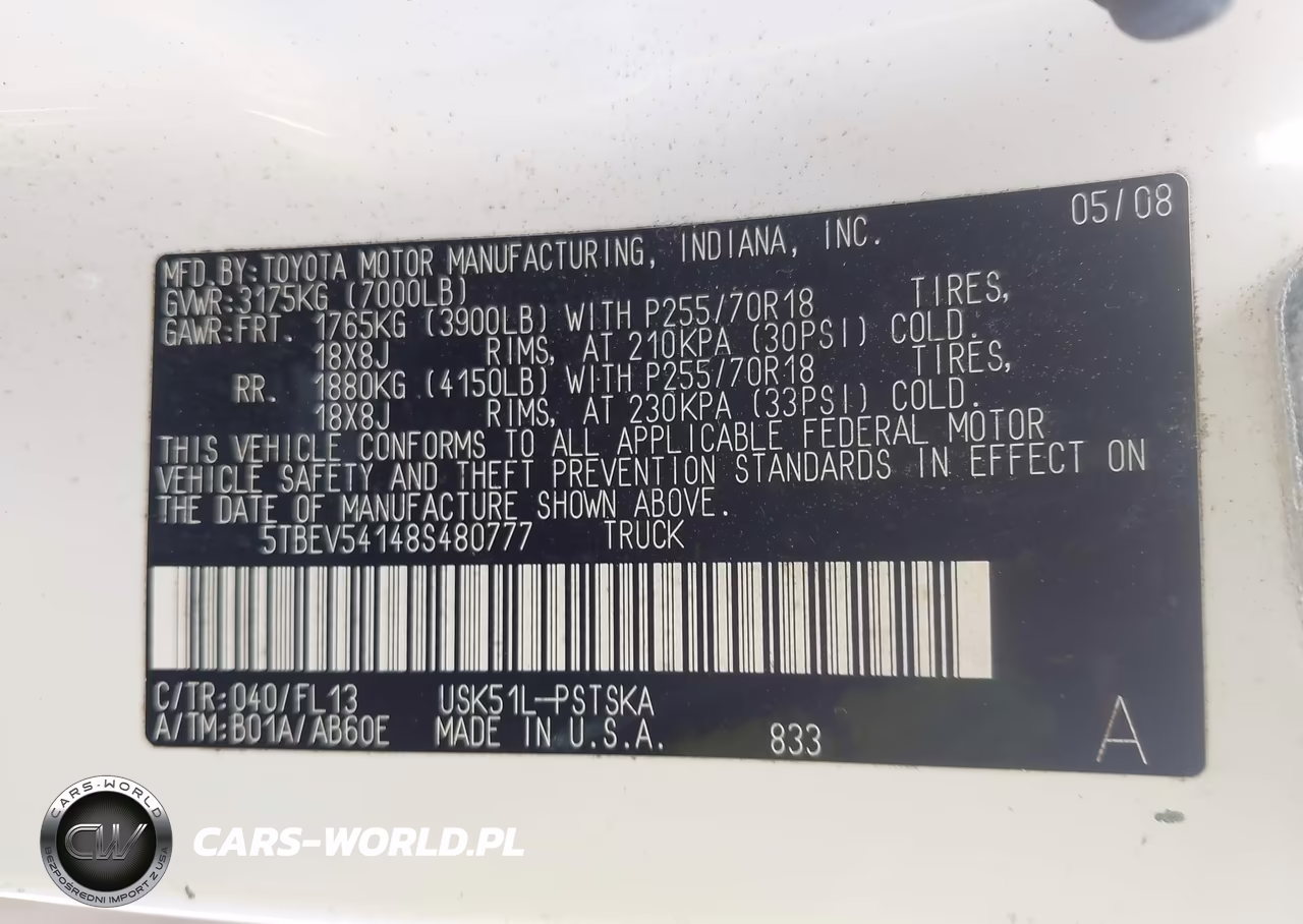 2008 Toyota Tundra Base 5.7L V8 VIN:5TBEV54148S480777 - 9