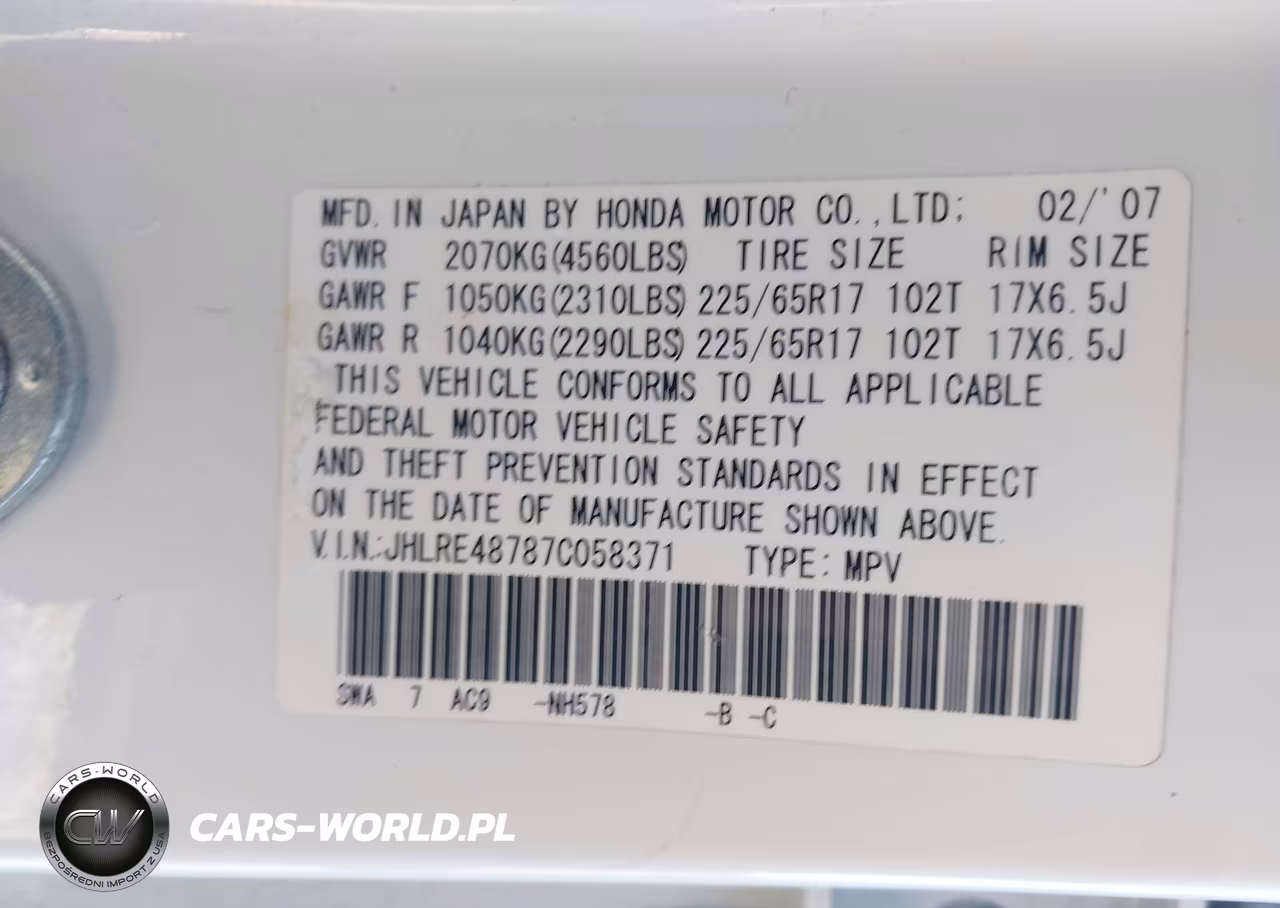 2007 Honda Cr-V Ex-L VIN:JHLRE48787C058371 - 9