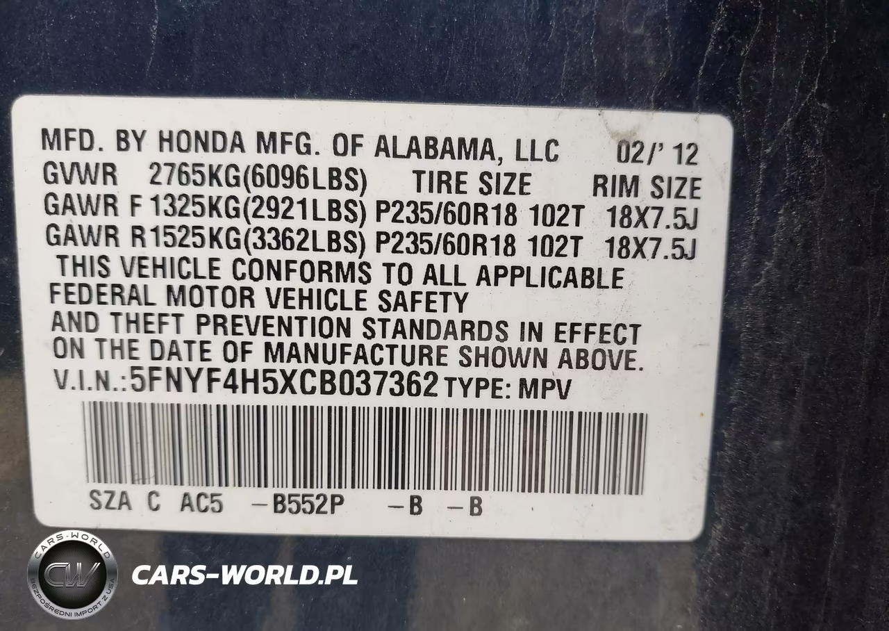 2012 Honda Pilot Ex-L VIN:5FNYF4H5XCB037362 - 9