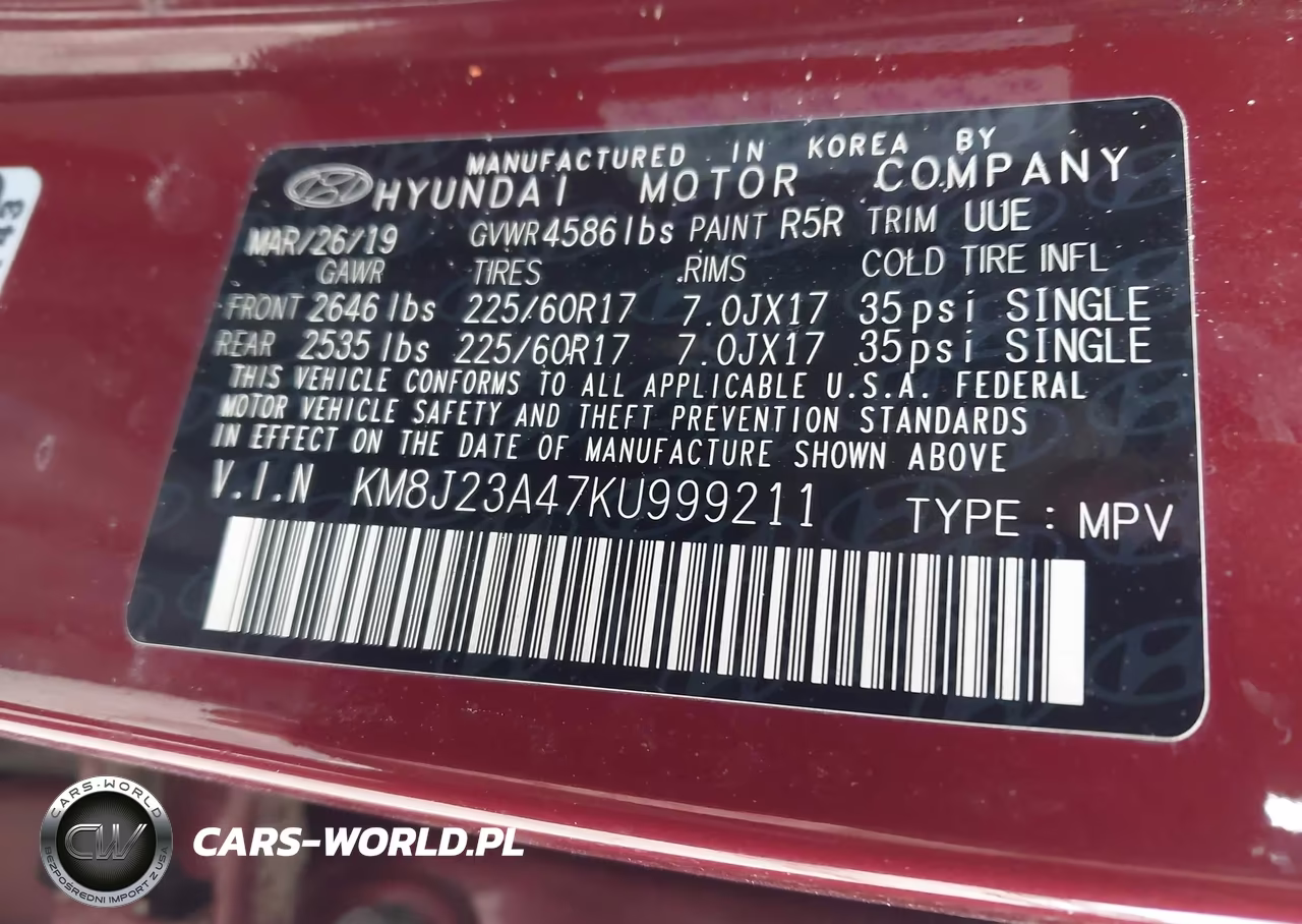2019 Hyundai Tucson Se VIN:KM8J23A47KU999211 - 9