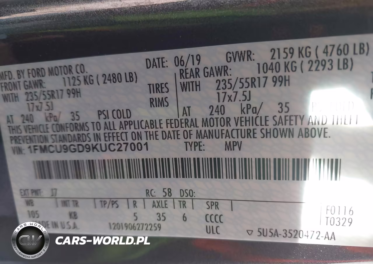 2019 Ford Escape Se VIN:1FMCU9GD9KUC27001 - 9