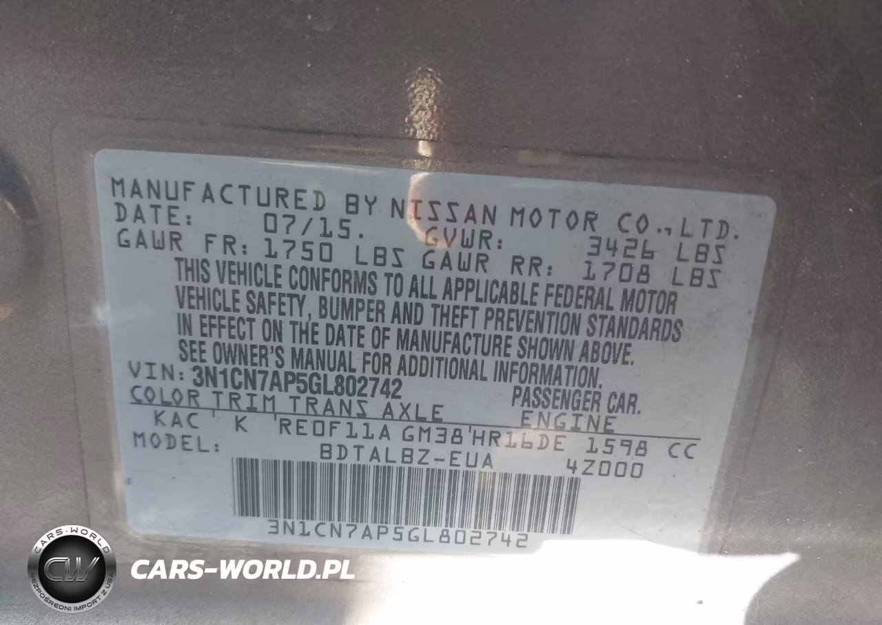 2016 Nissan Versa 1.6 S-1.6 S+-1.6 Sl-1.6 Sv VIN:3N1CN7AP5GL802742 - 9