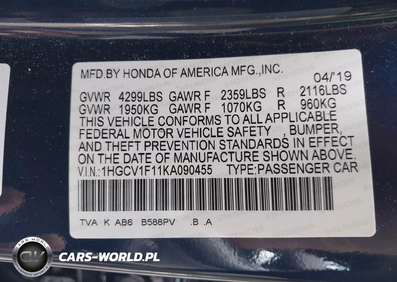 2019 Honda Accord Lx VIN:1HGCV1F11KA090455 - 9