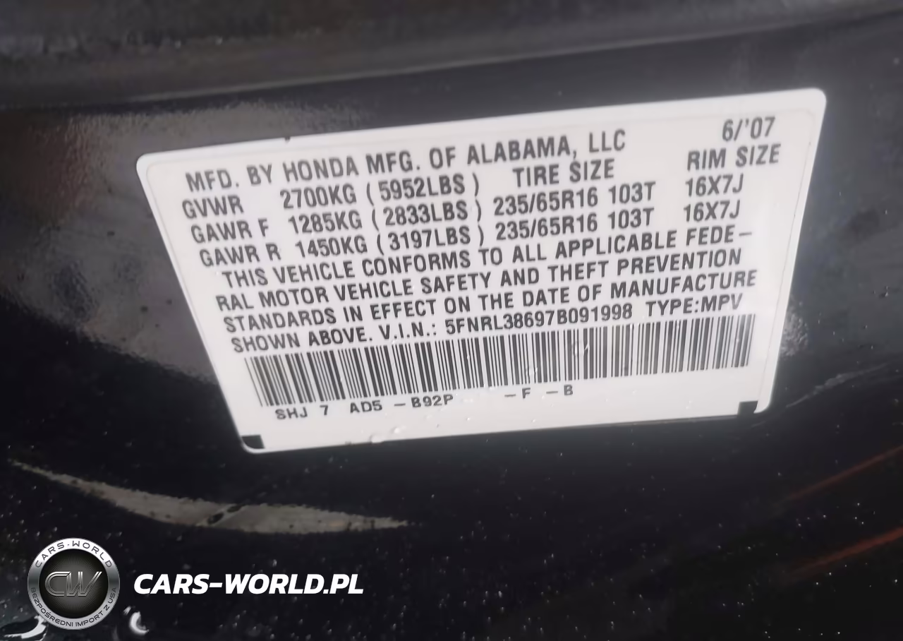 2007 Honda Odyssey Ex-L VIN:5FNRL38697B091998 - 9