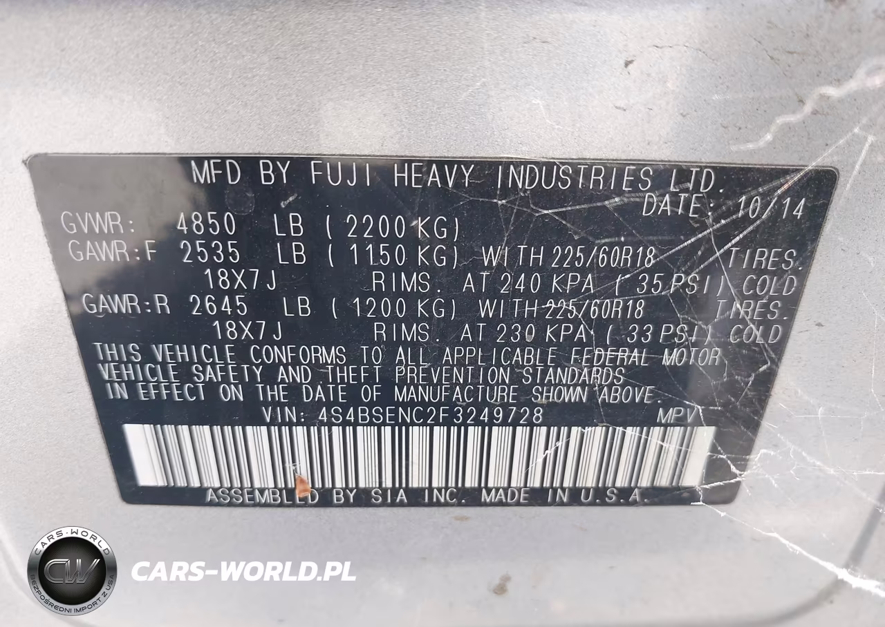 2015 Subaru Outback 3.6R Limited VIN:4S4BSENC2F3249728 - 9