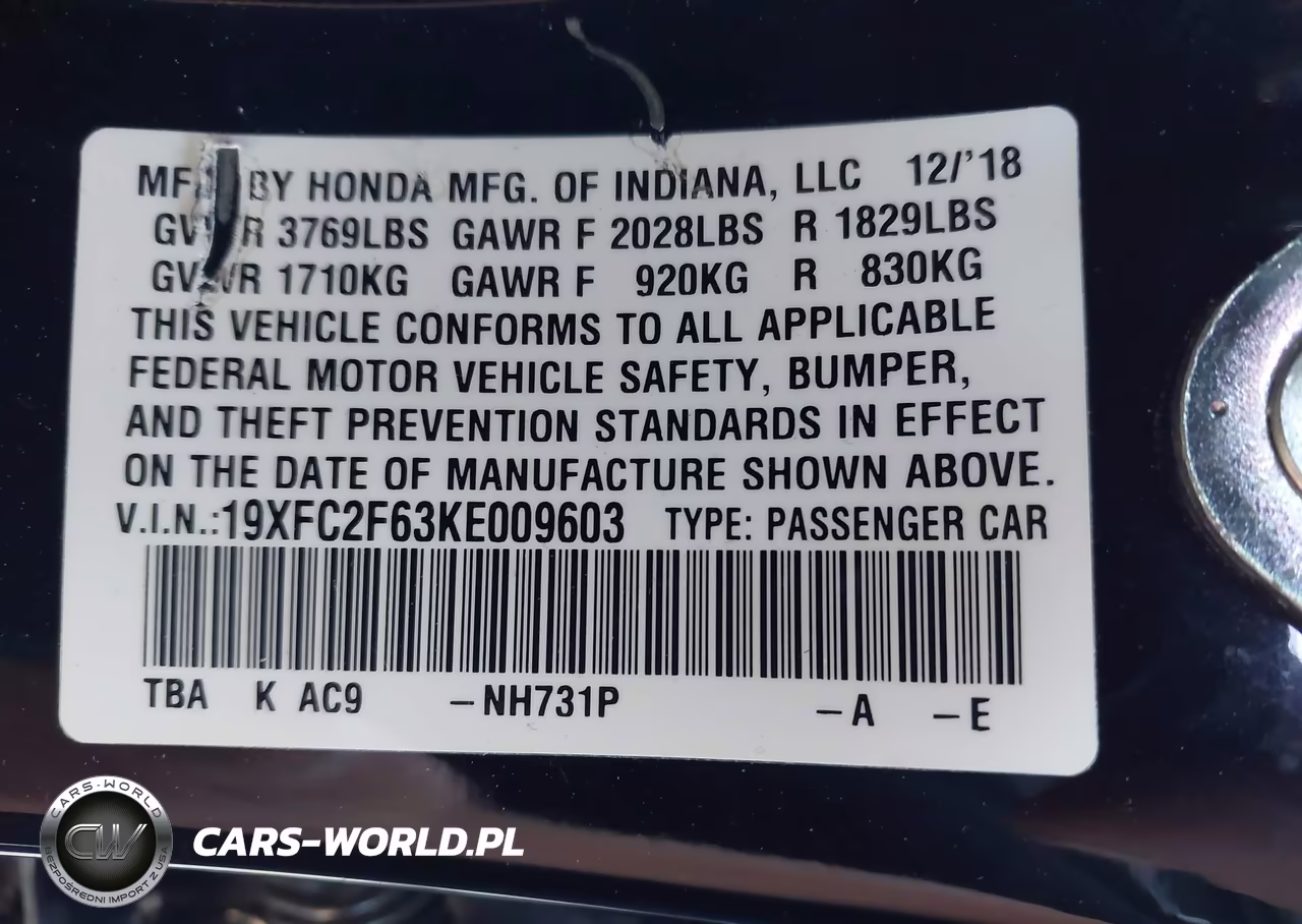 2019 Honda Civic Lx VIN:19XFC2F63KE009603 - 9