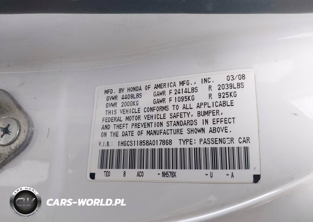 2008 Honda Accord 2.4 Ex-L VIN:1HGCS11858A017868 - 9