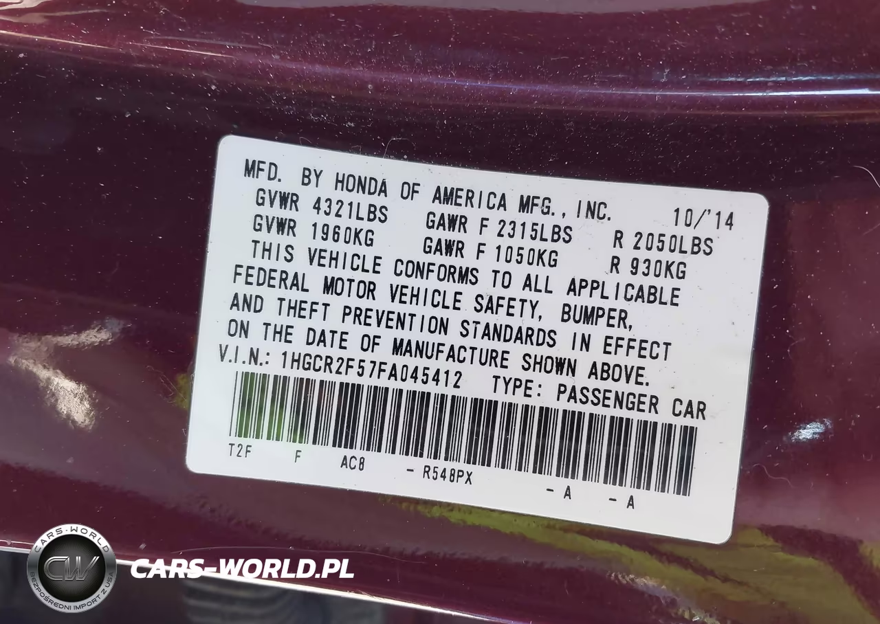 2015 Honda Accord Sport VIN:1HGCR2F57FA045412 - 9