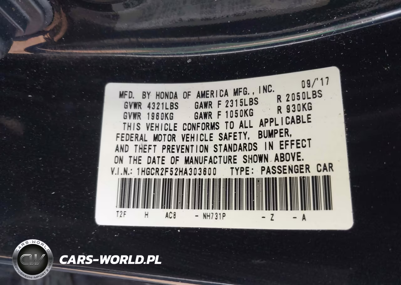 2017 Honda Accord Sport VIN:1HGCR2F52HA303600 - 9