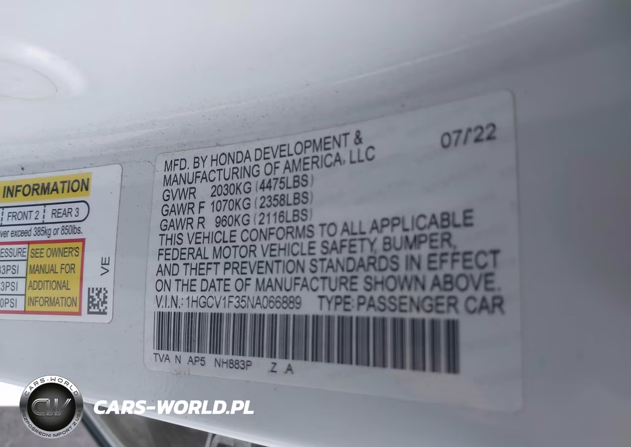 2022 Honda Accord Sport VIN:1HGCV1F35NA066889 - 9