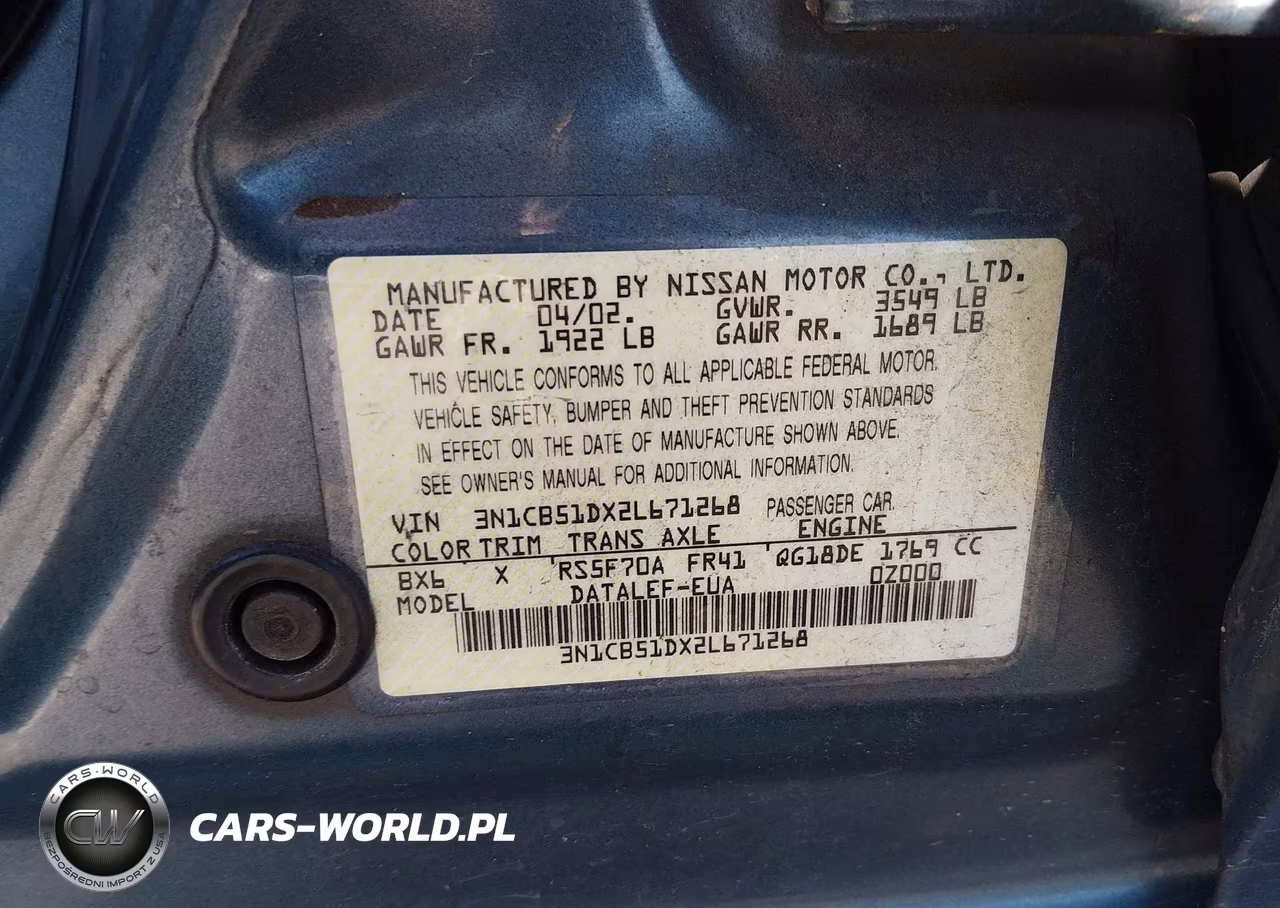 2002 Nissan Sentra Gxe VIN:3N1CB51DX2L671268 - 9