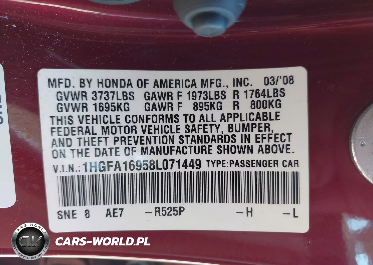 2008 Honda Civic Ex-L VIN:1HGFA16958L071449 - 9