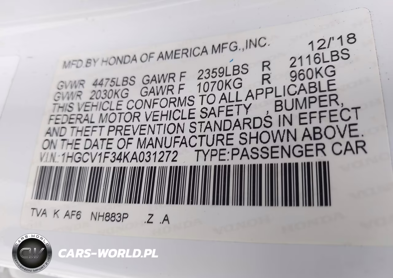 2019 Honda Accord Sport VIN:1HGCV1F34KA031272 - 9
