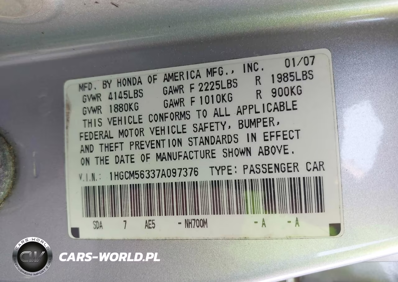 2007 Honda Accord 2.4 Se VIN:1HGCM56337A097376 - 9