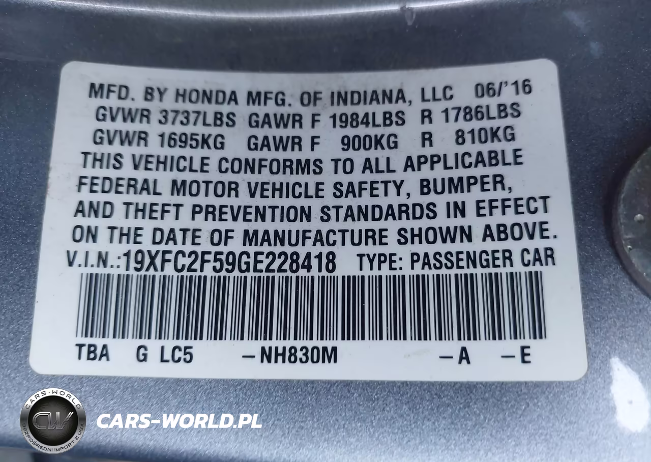 2016 Honda Civic Lx VIN:19XFC2F59GE228418 - 9