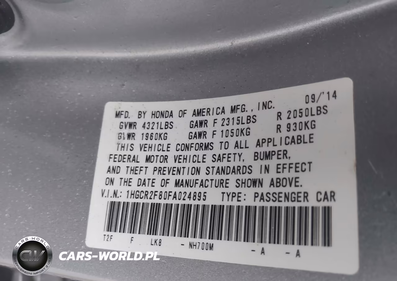 2015 Honda Accord Ex-L VIN:1HGCR2F80FA024895 - 9