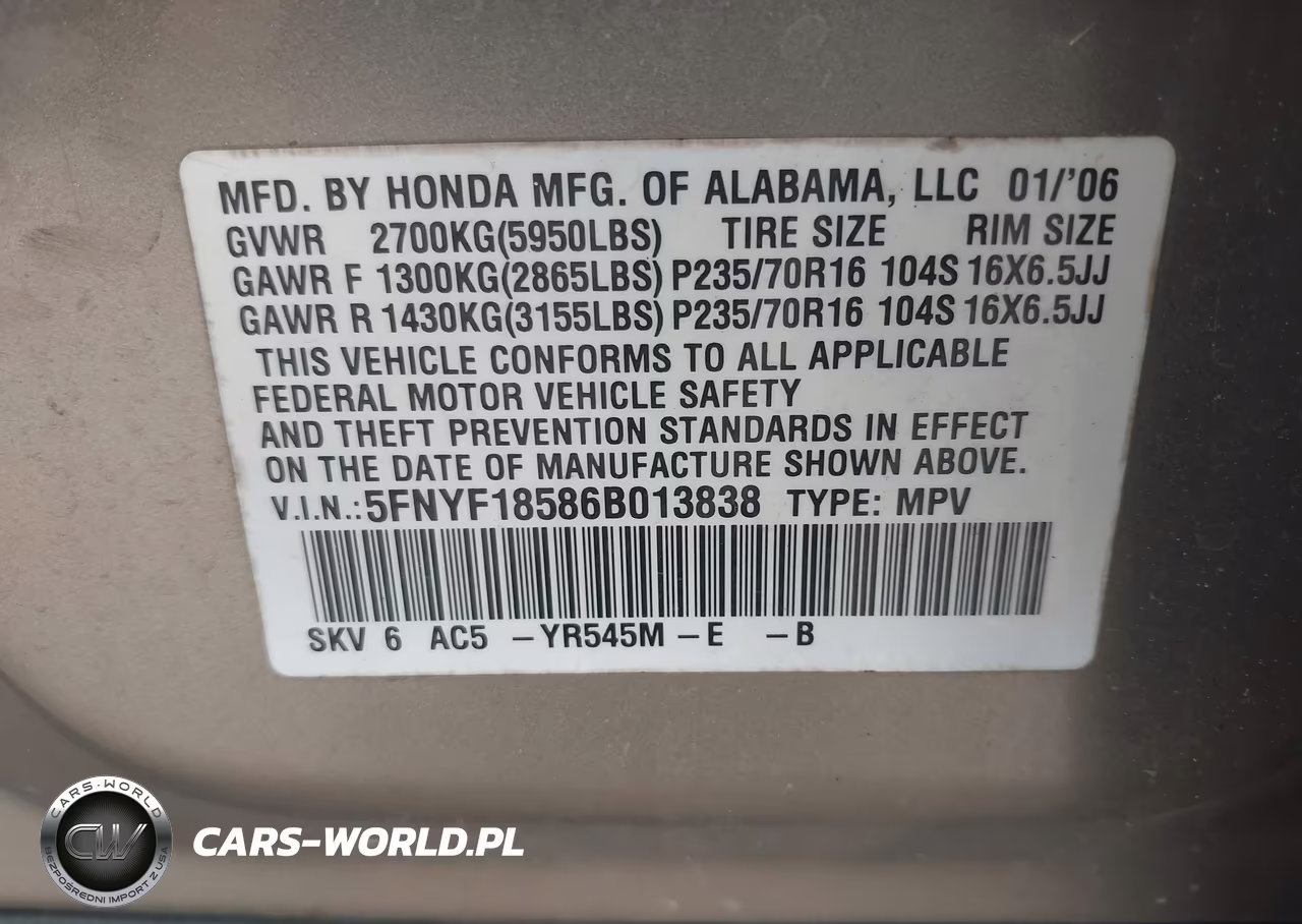 2006 Honda Pilot Ex-L VIN:5FNYF18586B013838 - 9