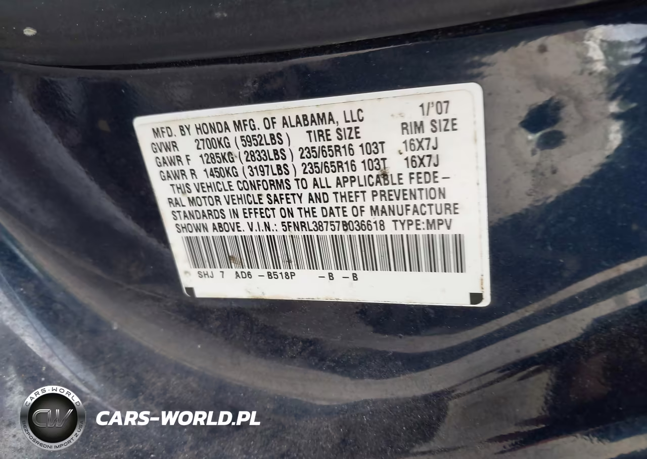 2007 Honda Odyssey Ex-L VIN:5FNRL38757B036618 - 9