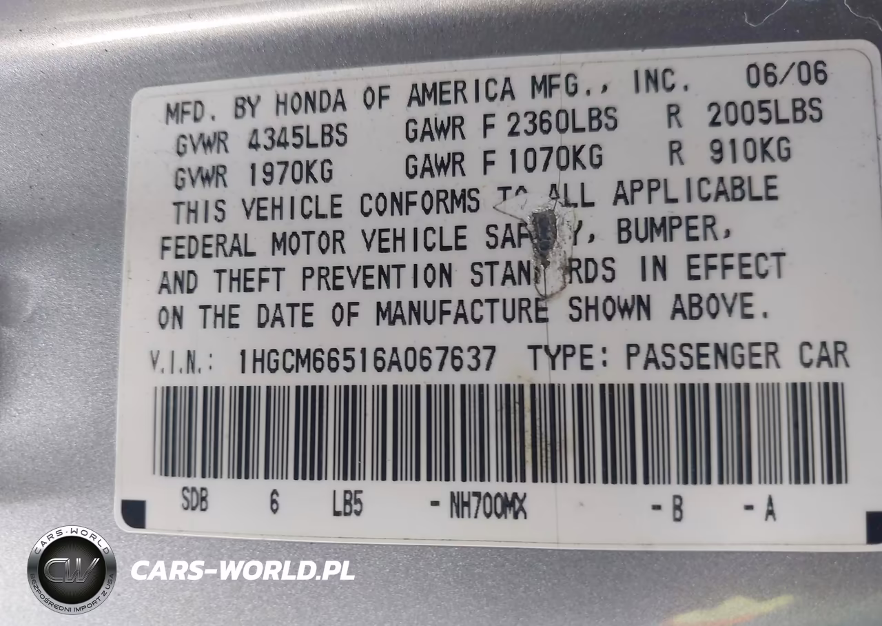 2006 Honda Accord 3.0 Ex VIN:1HGCM66516A067637 - 9