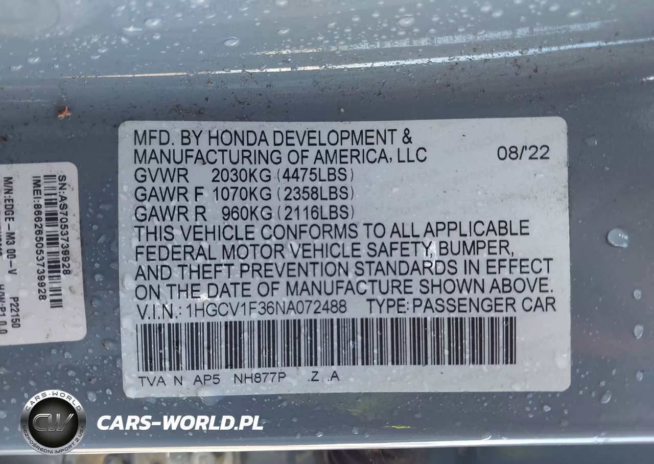 2022 Honda Accord Sport VIN:1HGCV1F36NA072488 - 9