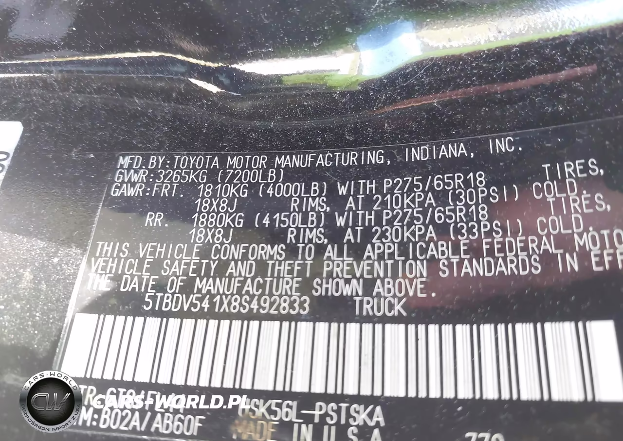 2008 Toyota Tundra Sr5 5.7L V8 VIN:5TBDV541X8S492833 - 9