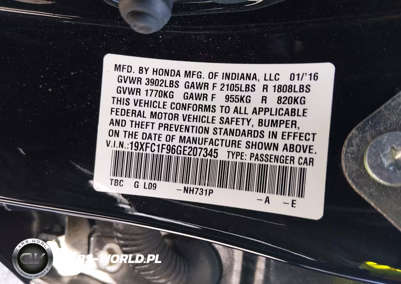 2016 Honda Civic Touring VIN:19XFC1F96GE207345 - 9