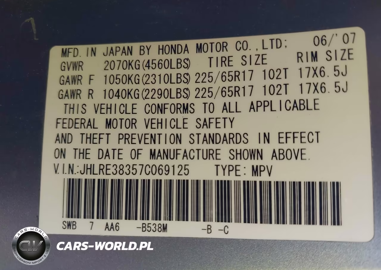 2007 Honda Cr-V Lx VIN:JHLRE38357C069125 - 9