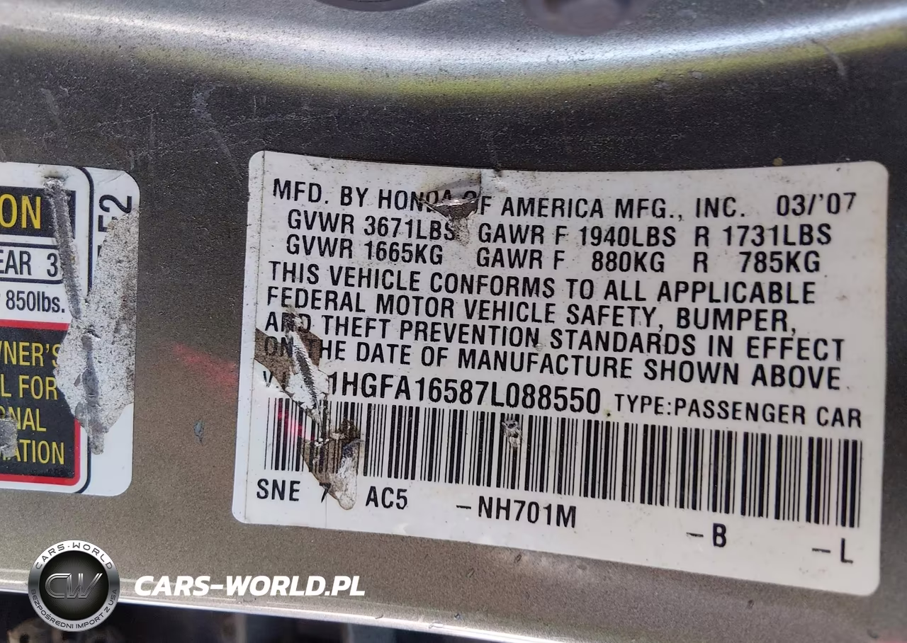 2007 Honda Civic Lx VIN:1HGFA16587L088550 - 9