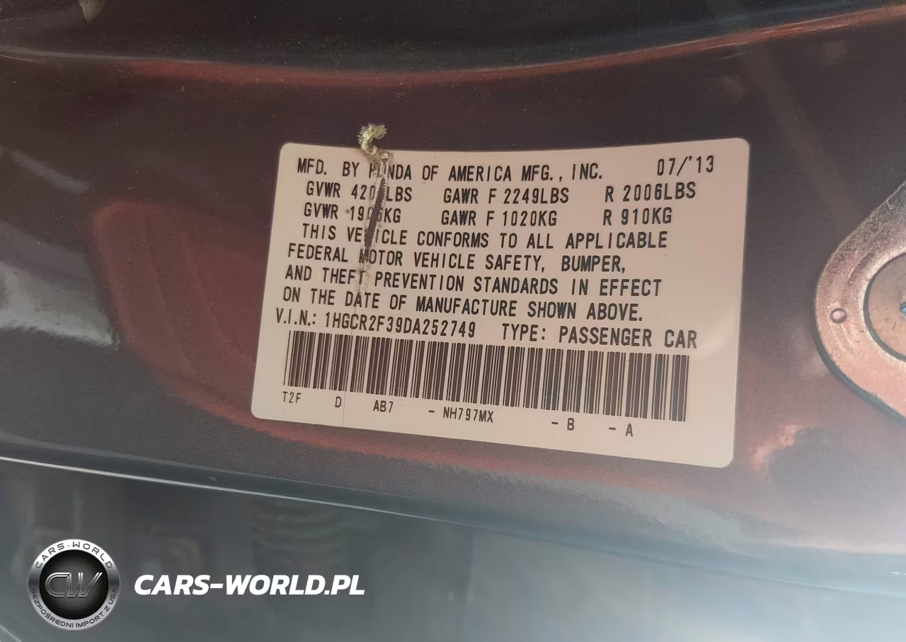2013 Honda Accord Lx VIN:1HGCR2F39DA252749 - 9