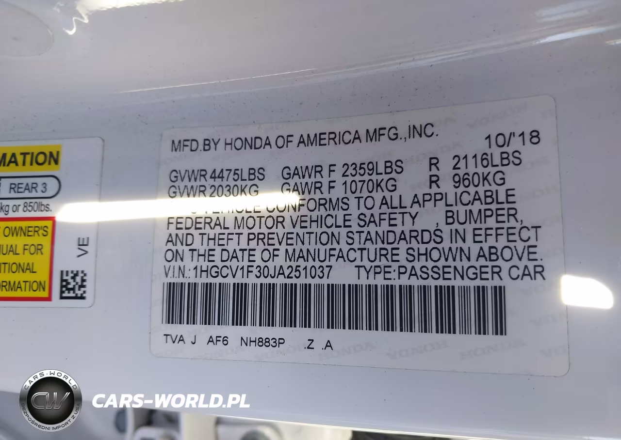 2018 Honda Accord Sport VIN:1HGCV1F30JA251037 - 9