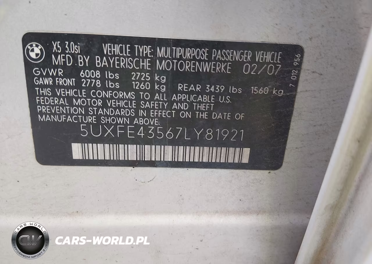 2007 BMW X5 3.0Si VIN:5UXFE43567LY81921 - 9