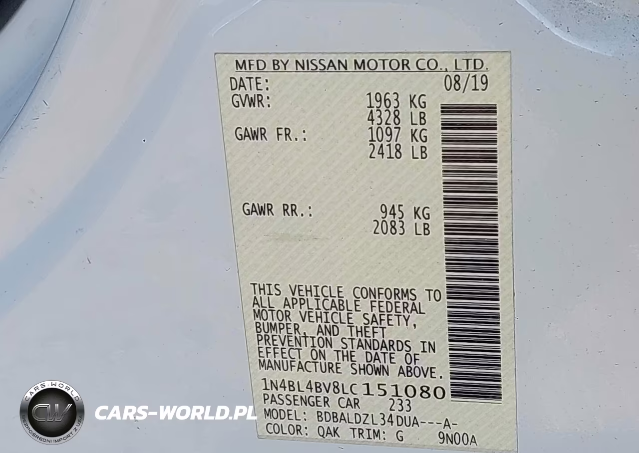2020 Nissan Altima S Fwd VIN:1N4BL4BV8LC151080 - 9