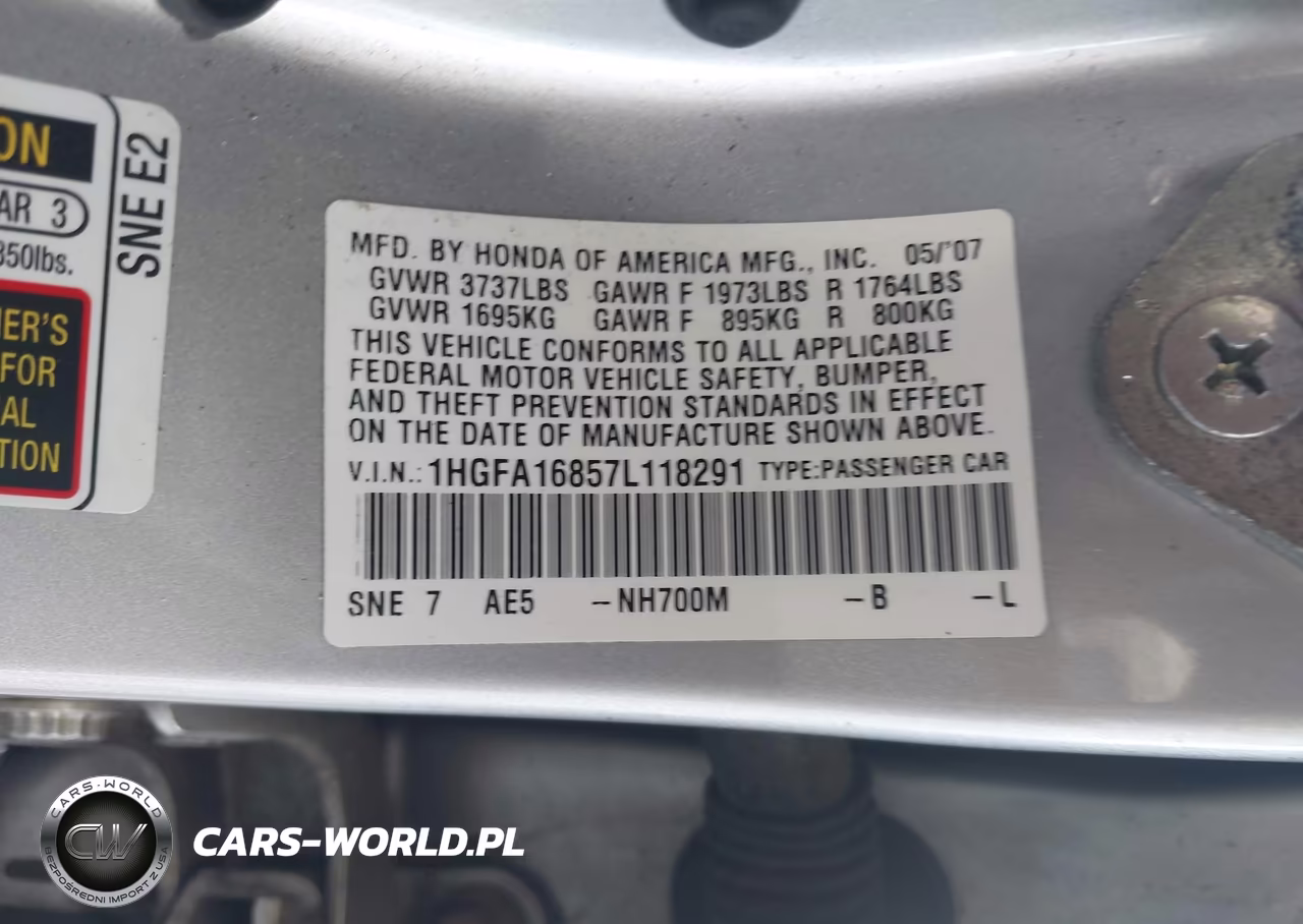 2007 Honda Civic Ex VIN:1HGFA16857L118291 - 9
