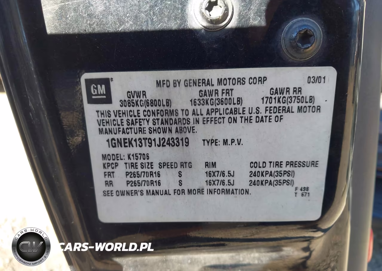 2001 Chevrolet Tahoe Lt VIN:1GNEK13T91J243319 - 9