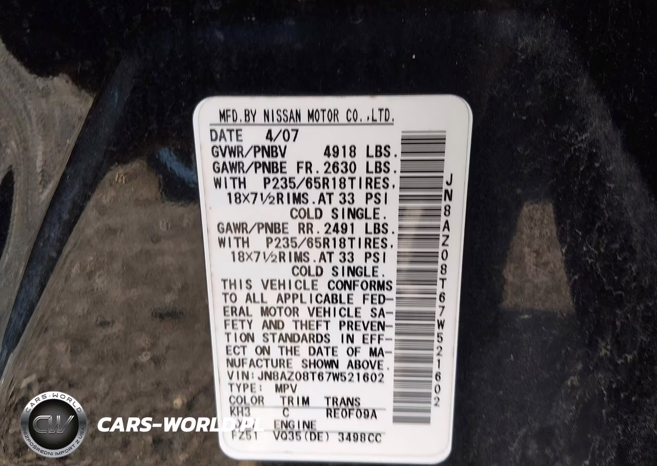 2007 Nissan Murano S VIN:JN8AZ08T67W521602 - 9