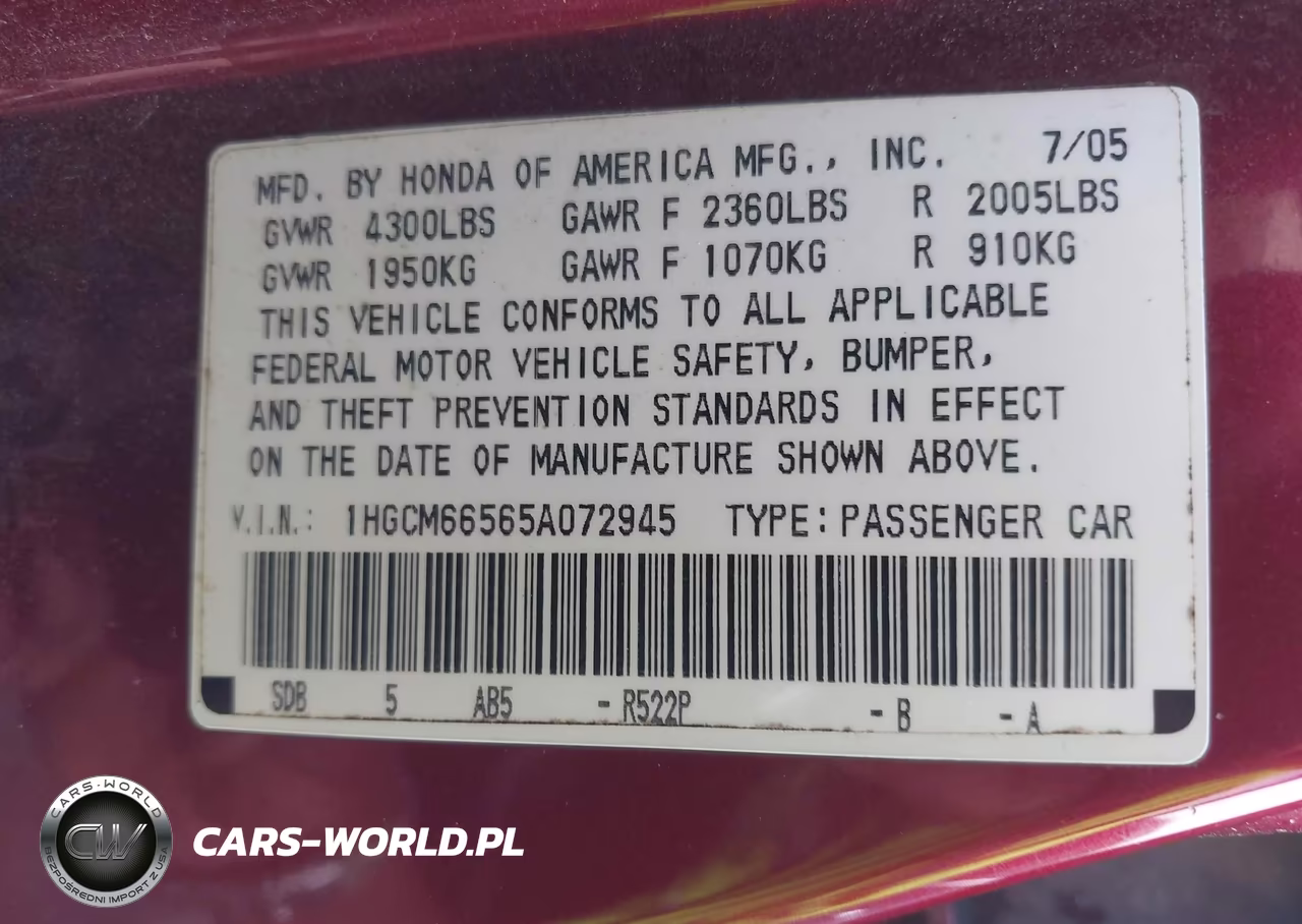 2005 Honda Accord 3.0 Ex VIN:1HGCM66565A072945 - 9